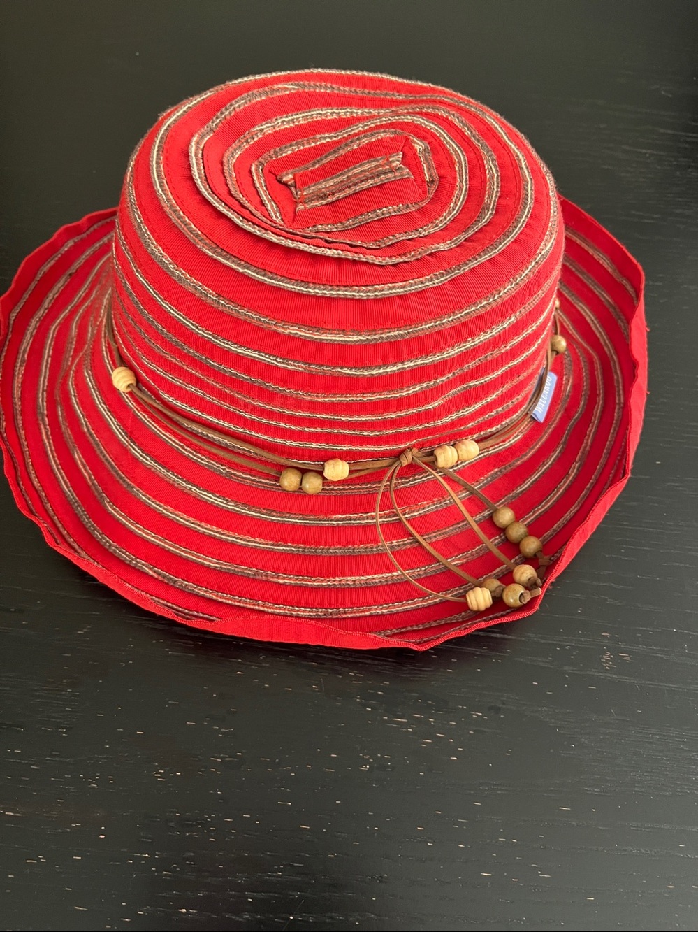 Wallaroo Label Red Striped Bucket Hat with Wooden Bead Tie, adjustable,
0S